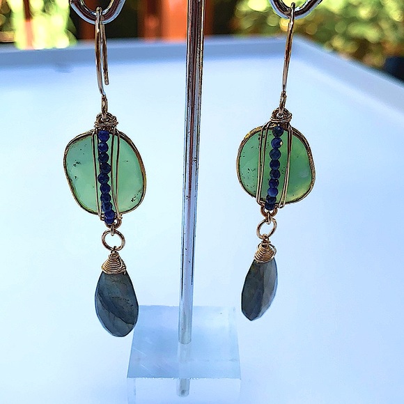 Gold and Labradorite Stone Earrings - Picture 2 of 3
